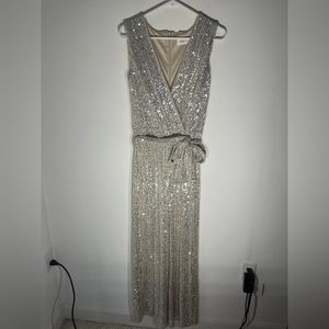 Eliza J Silver Shimmer Sequin Deep V Neck Faux Wrap Straight Leg Jumpsuit Size 6